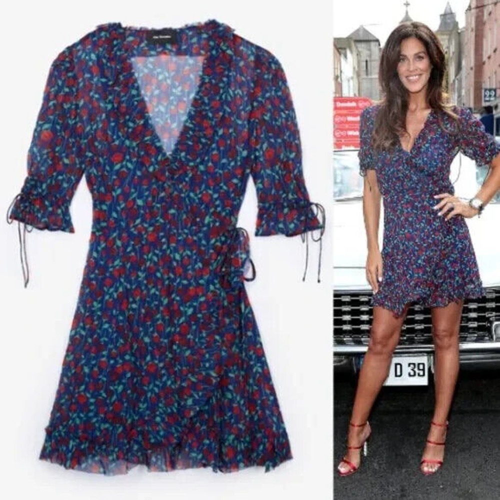 The Kooples Mini Wrap Dress Rose Rossa Blue Red Floral Ruffled Half Slee…